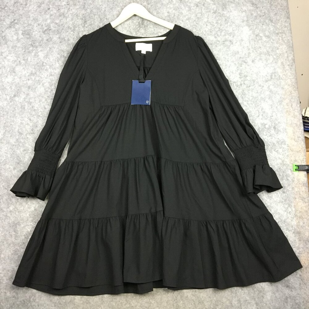 Pomander Place Dress XXL Solid Black A Line Tiered Pleat Boho Long Sleeve